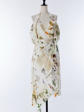 MONSE Silk and Linen Botanical Print Halter Midi Dress in Cream 2